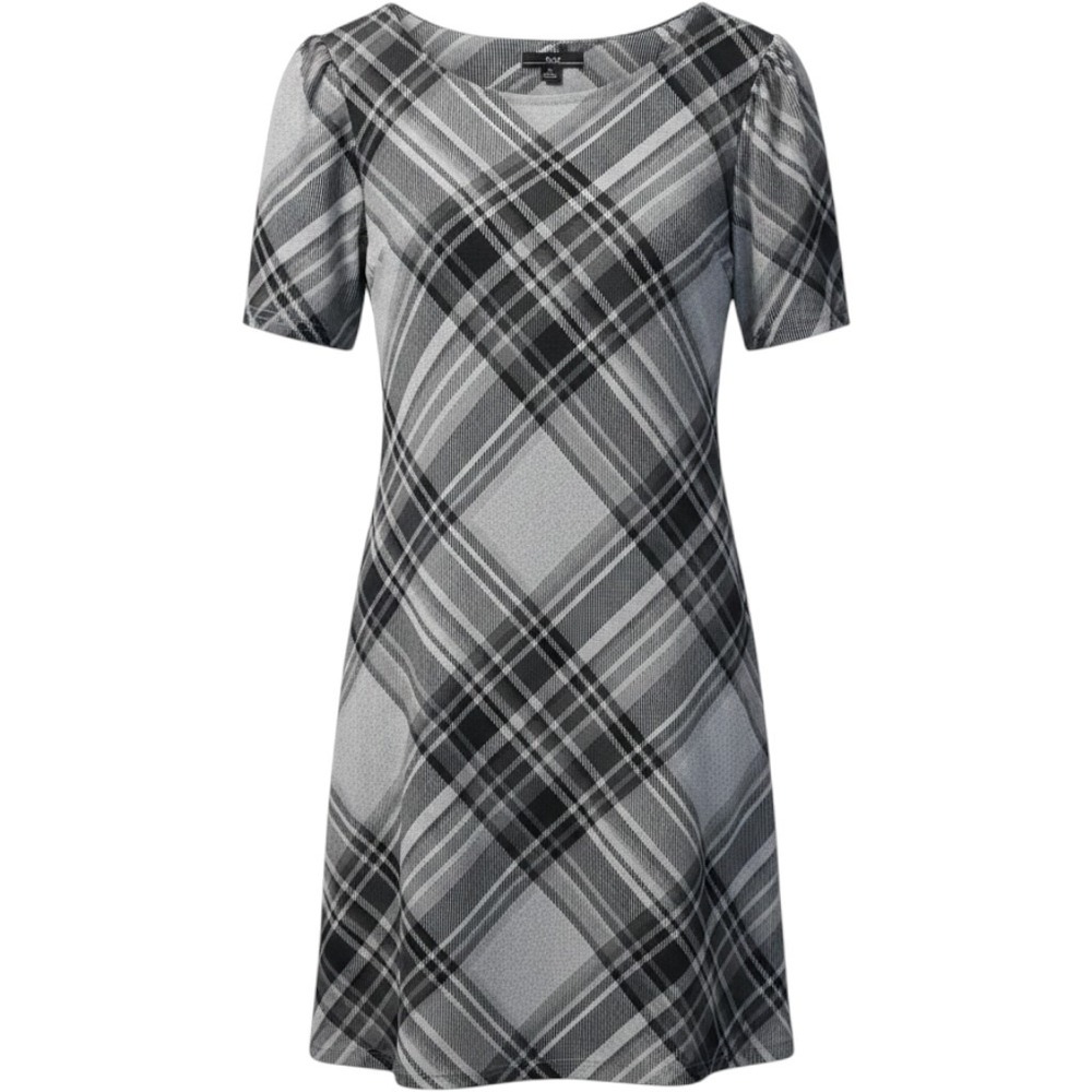 R&K Plaid Shift Dress Women PS Gray Black Short Sleeve Puff Shoulder Career NWT